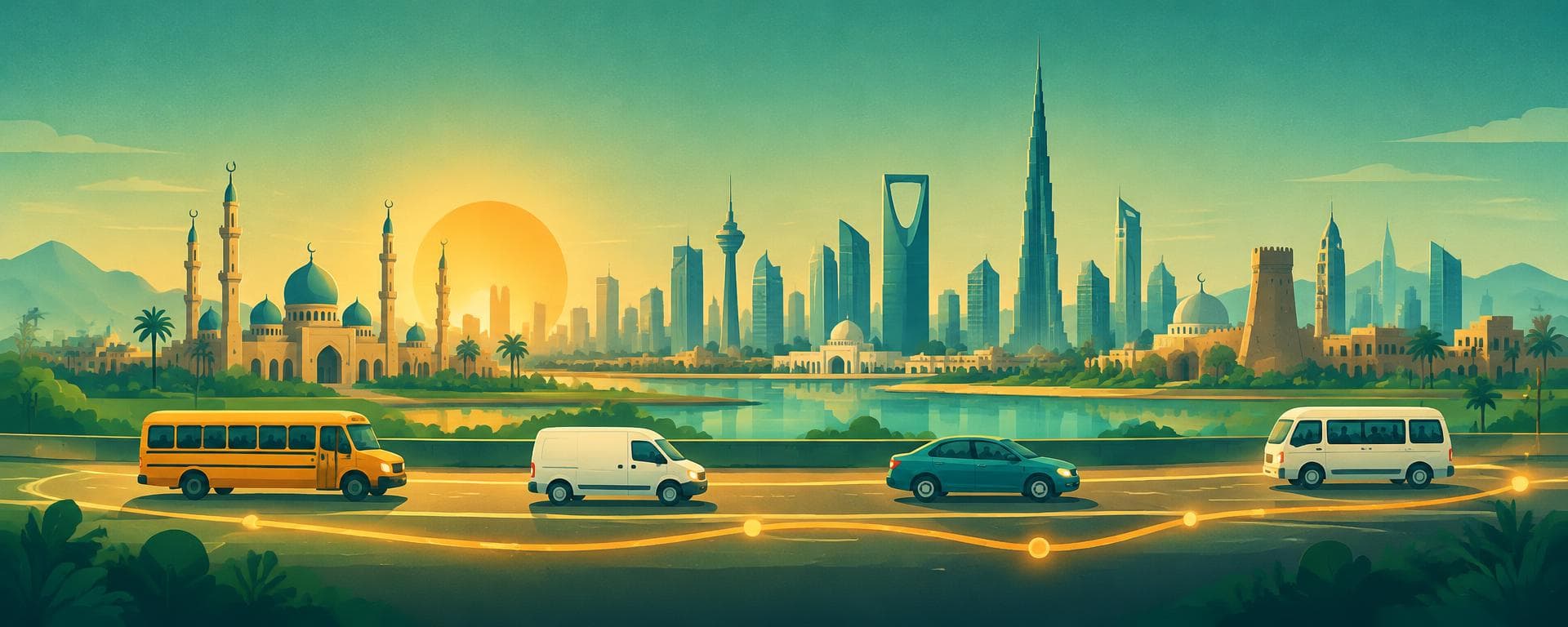 بانوراما لأفق مدينة عند الفجر مع حافلة مدرسية وشاحنة وسيارة وحافلة صغيرة على طريق مضيء