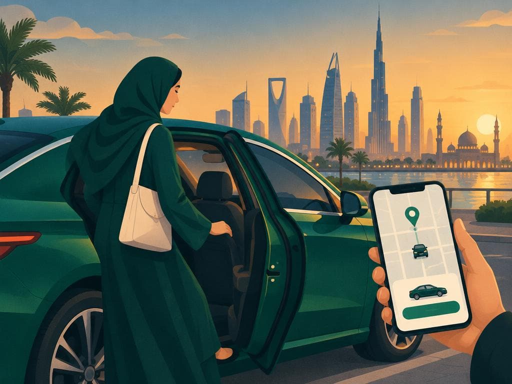 راكبة تصعد سيارة مع تطبيق رحلات على الهاتف