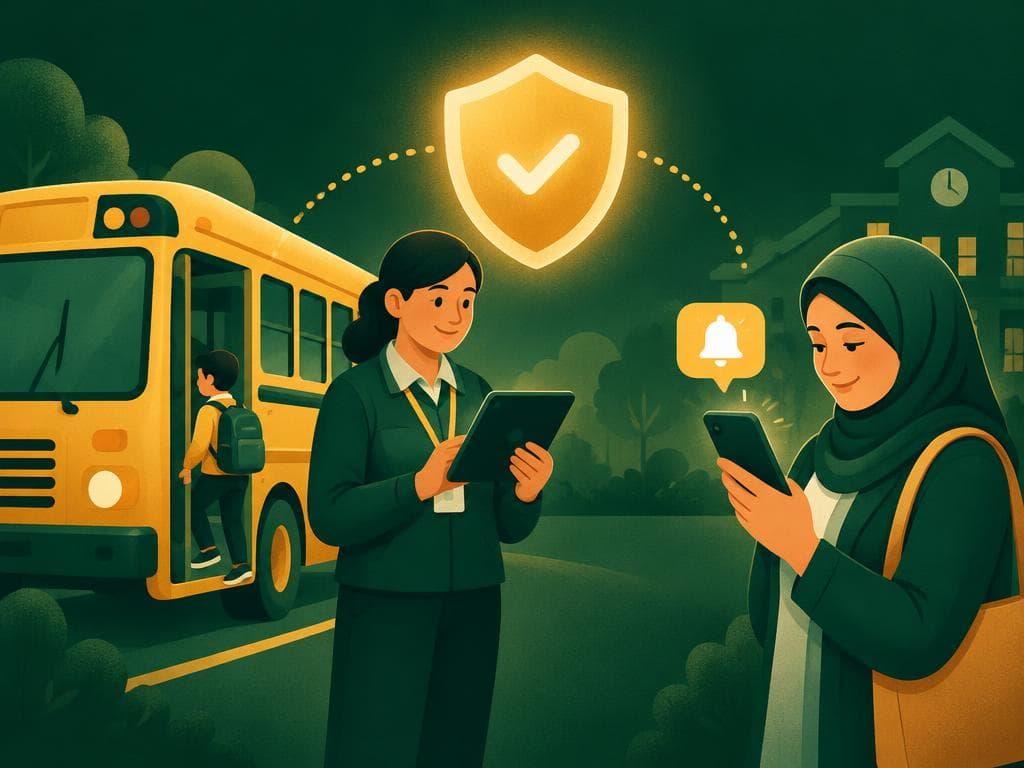 حافلة مدرسية ودرع مضيء ومشرفة تحمل جهازًا لتسجيل الحضور وأم تستلم إشعارًا