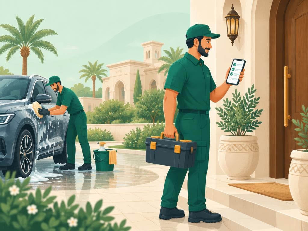 فني يحمل صندوق أدوات عند باب فيلا وزميله يغسل سيارة